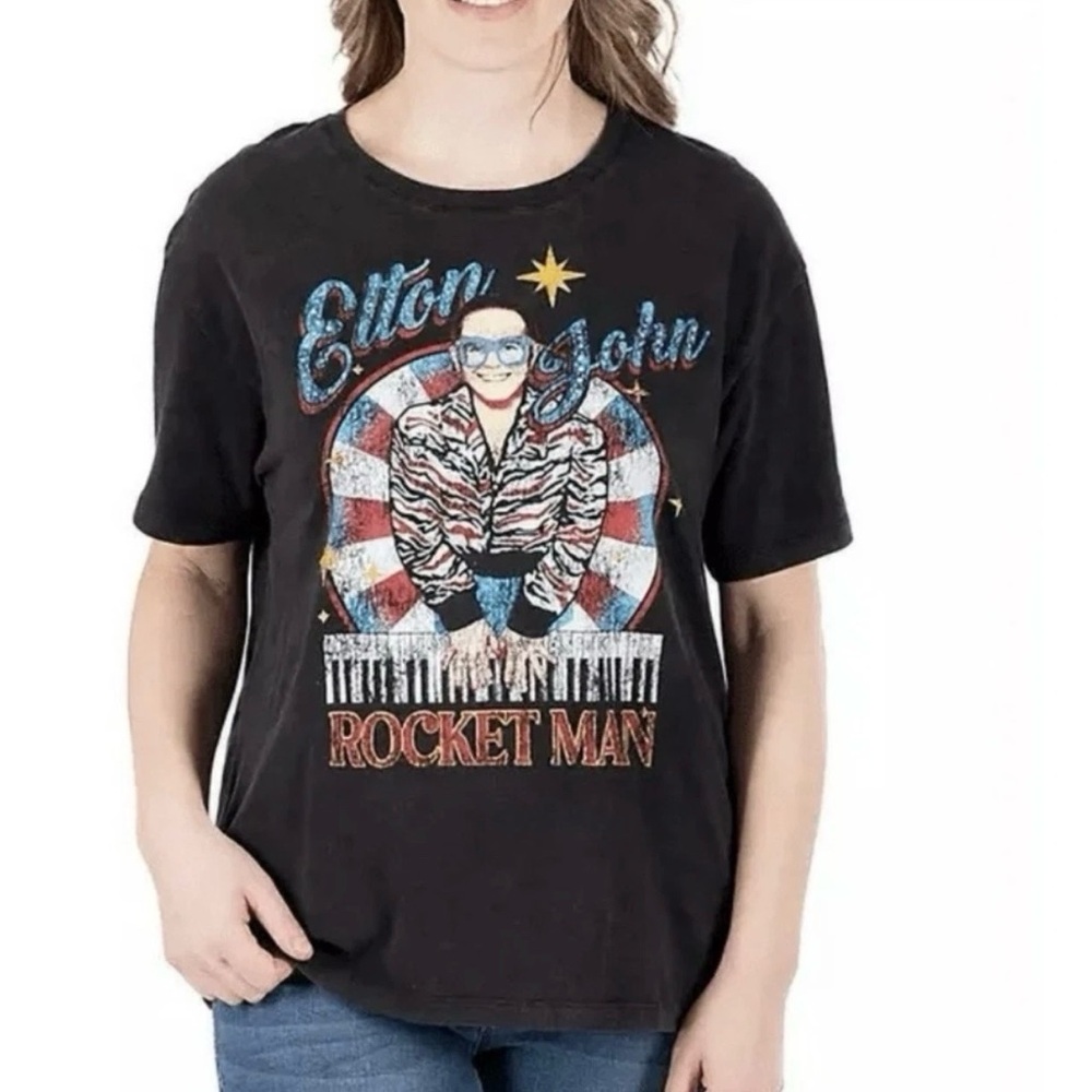 Elton John Graphic Band Tee Retro Rock Music Bedazzled Short Sleeve NWT